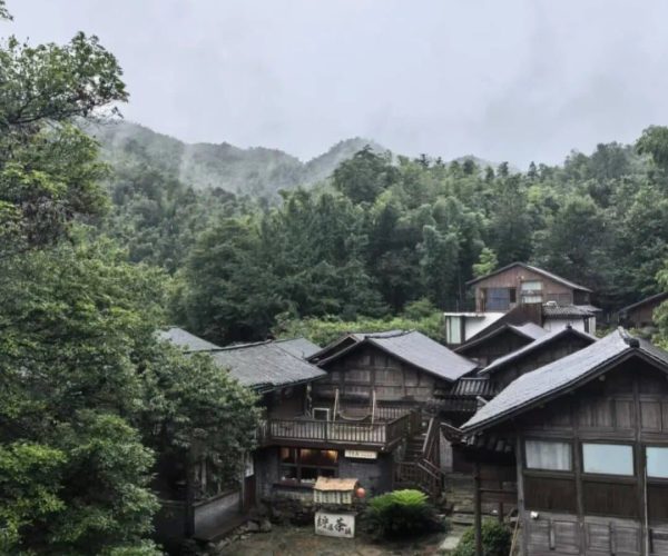 Meiling National Scenic Area,Nanchang,China tour Traditional wooden houses with tiled roofs sit in a misty mountain village surrounded by dense green trees and hills.