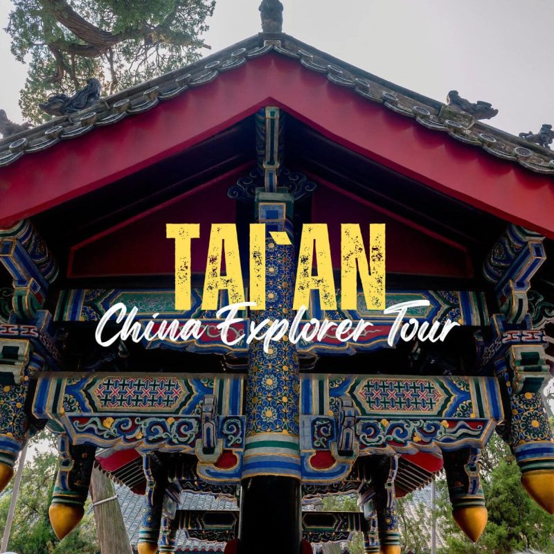 Tai'an,Shandong,China tour Promotional banner for a Taiwan travel tour with a traditional colorful Chinese pavilion and bold yellow 'TAIWAN' text overlaid, plus 'China Explorer Tour' in white script.