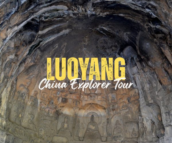 Luoyang,Henan,Chinatravel Carved Buddha statues in a Luoyang cave with a promotional overlay reading 'LUOYANG China Explorer Tour'.