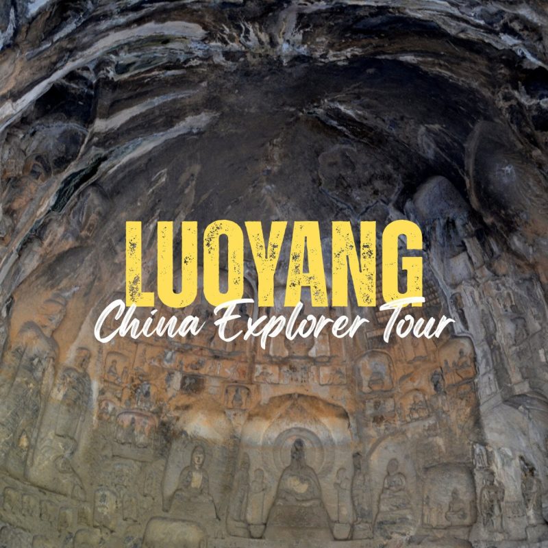 Luoyang,Henan,Chinatravel Carved Buddha statues in a Luoyang cave with a promotional overlay reading 'LUOYANG China Explorer Tour'.