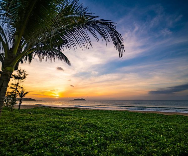 Hainan Weather,Hainan,Chinatravel Sunset over a tropical beach with a palm tree in the foreground and a small island on the horizon.