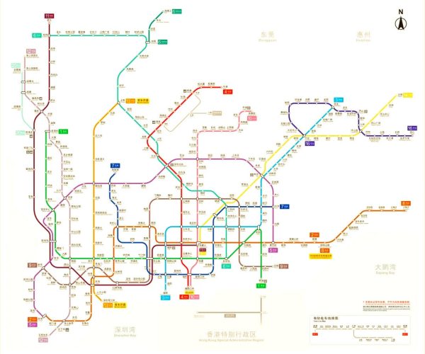 Shenzhen metro,Shenzhen,Transportation Shenzhen metro system map showing multiple colored lines and station labels, with a compass rose at the top-right and ‘System Map’ text.