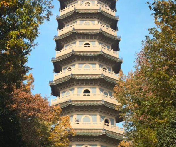 Linggu Temple,Nanjing,China tour Seven‑story Chinese pagoda with green-tiled eaves, framed by autumn trees against a clear blue sky.