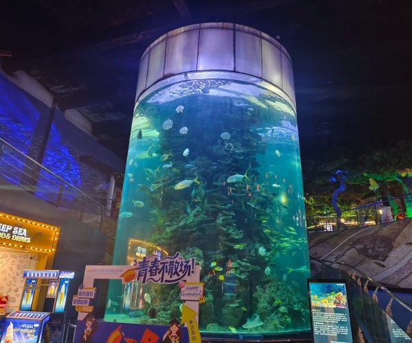 Yantai Polar Ocean Park,Yantai,China tour Tall cylindrical aquarium filled with tropical fish, illuminated by blue/green lights in a dark indoor space with surrounding signs and decor.