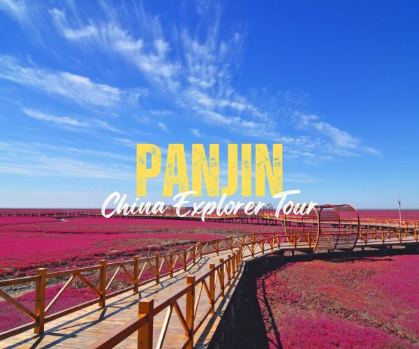 Panjin,Liaoning,China tour Promotional banner: a wooden boardwalk through pink fields under a blue sky, with bold yellow 'PANDIN' and white script 'China Explorer Tour' text.