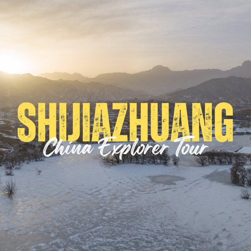 Shijiangzhuang,Hebei,China tour Shijiazhuang China Explorer Tour banner over a snow-covered valley at sunrise with yellow bold title text