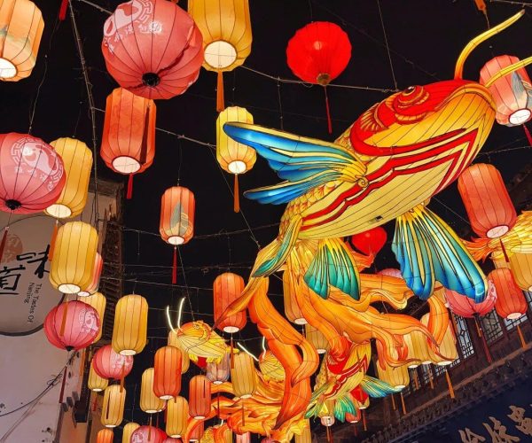 Lao Men Dong Historic District,Nanjing,China tour Colorful lanterns and a large illuminated fish-shaped lantern hanging over a night market street, festive scene at night.