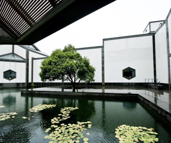 Suzhou Museum,Suzhou,Chinatravel Courtyard with a lush tree in the center of a rectangular pond and modern white walls surrounding it, lily pads floating on the water.