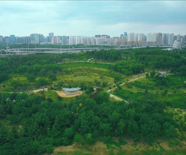Zhengzhou Forest Park,Zhengzhou,Chinatravel Bird's-eye view of a large green park with winding paths, a circular pavilion, and dense trees, backed by a city skyline and highways in the distance.