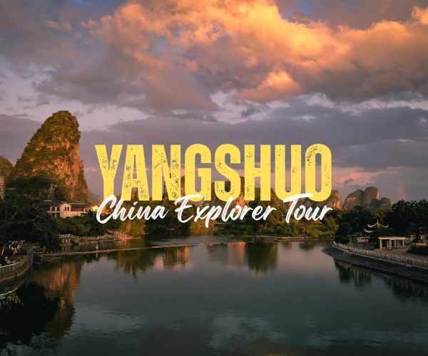 Yangshuo,Guangxi,Chinatravel Promotional image of Yangshuo with a calm river, karst hills, and a riverside promenade at sunset; large yellow 'YANGSHUO' and white script 'China Explorer Tour' overlayed.