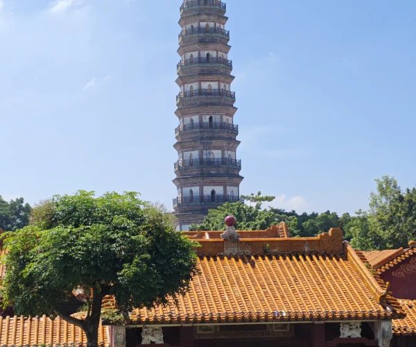 Leizhou Ancient City,Zhanjiang,Chinatravel Nine‑tier Chinese pagoda rising above an orange-tiled temple roof in a sunny courtyard with trees in the foreground.