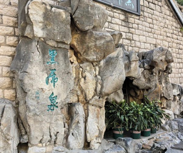 Black Tiger Spring,Jinan,China tour Stone wall and rugged rock formation forming a natural entrance, with teal Chinese characters carved on rocks and a framed blue sign above; potted plants at the base.