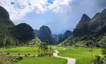 Guizhou, Chinatrip, Green valley with rice fields and a winding concrete path leading toward dramatic, tree-covered karst mountains under a partly cloudy sky