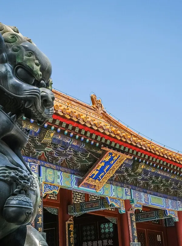 Forbidden City, Beijing, Chinatravel, Bronze guardian lion statue in front of a traditional Chinese temple with ornate, colorful roof tiles against a clear blue sky.