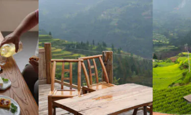 14-Day China Cultural Odyssey: From Iconic Landmarks to Hidden Gems, china, china tour, Three-panel collage: a breakfast spread on a wooden table with dishes, a person pouring juice onto the table, and coffee cups on the left; rustic wooden chairs and a table on a deck overlooking green mountains in the center; terraced rice fields on a hillside with a few people on a platform on the right.