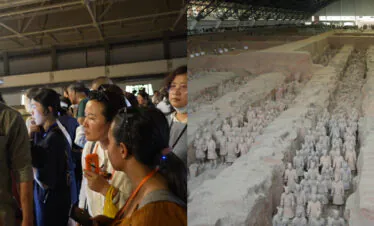 Terra Cotta Warriors, xi'an, china, china tour, Left panel shows a tour group listening to a guide inside a museum exhibit; right panel shows long rows of terracotta soldiers in excavated pits.