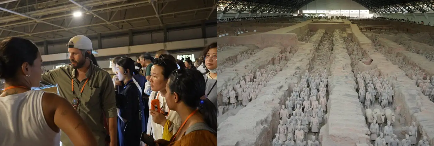 Terra Cotta Warriors, xi'an, china, china tour, Left panel shows a tour group listening to a guide inside a museum exhibit; right panel shows long rows of terracotta soldiers in excavated pits.