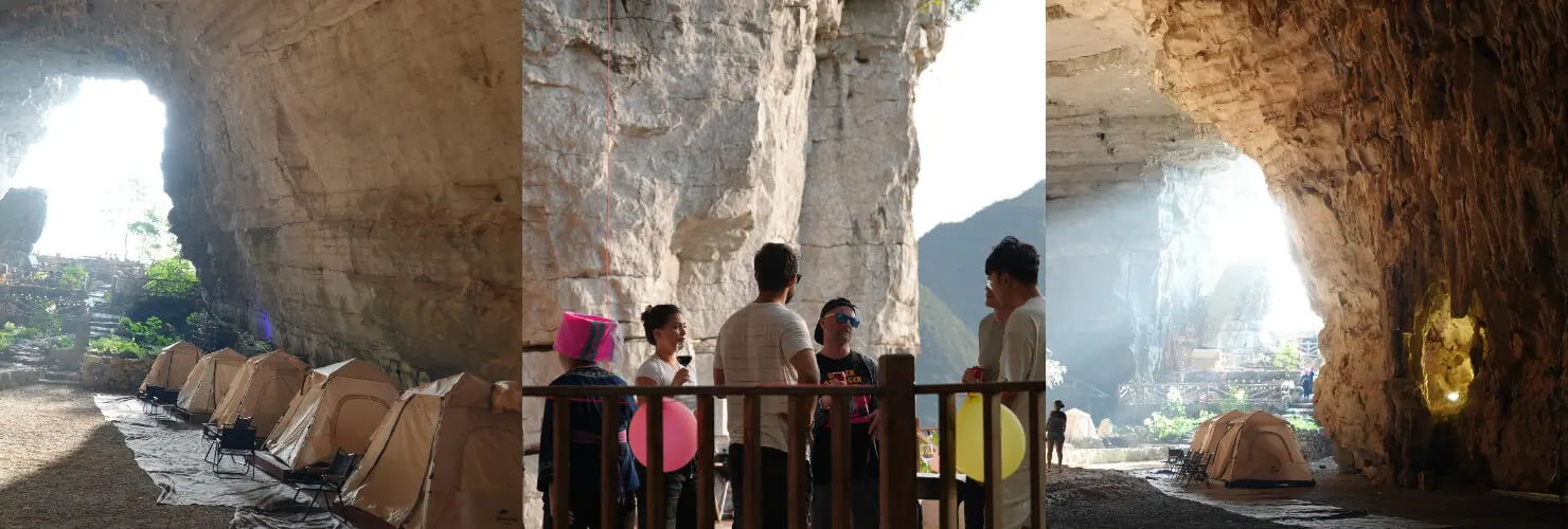 14-Day China Cultural Odyssey: From Iconic Landmarks to Hidden Gems, china, china tour, Group of people chatting near a wooden railing inside a spacious cave with row of tents and balloons nearby.