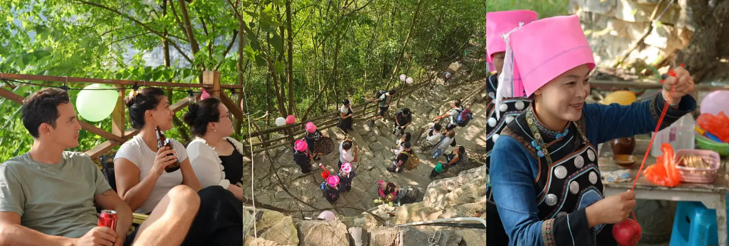 14-Day China Cultural Odyssey: From Iconic Landmarks to Hidden Gems, china, china tour, Group of people sitting outdoors with drinks under a wooden railing, greenery around.