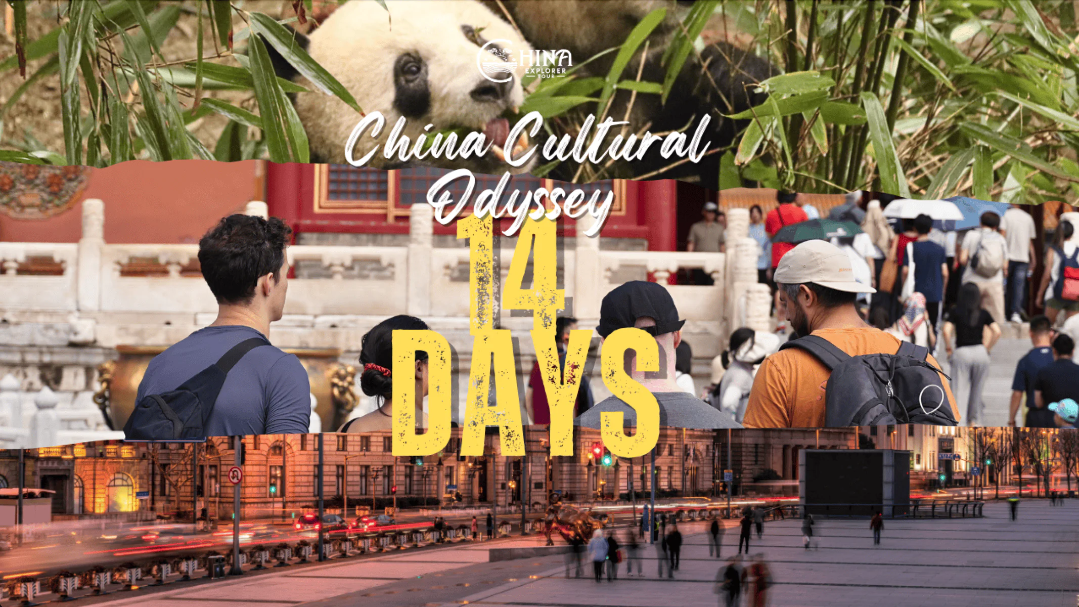 china trip tailor made, china travel, Banner for a China Cultural Odyssey 14 Days tour featuring a panda, crowd, and city street scene.