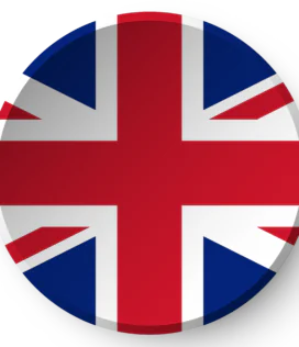 Round glossy badge displaying the United Kingdom's Union Jack flag (red, white, and blue) in a circular shape