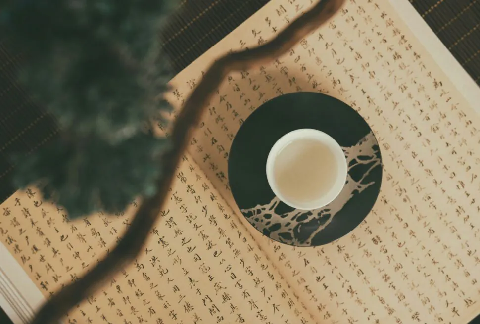 How to Overcome Language Barriers in China: Basic Chinese, chinaexplorertour, Top-down view of calligraphy paper with Asian characters, a black circular design, and a white cup, with a blurred plant in the foreground.