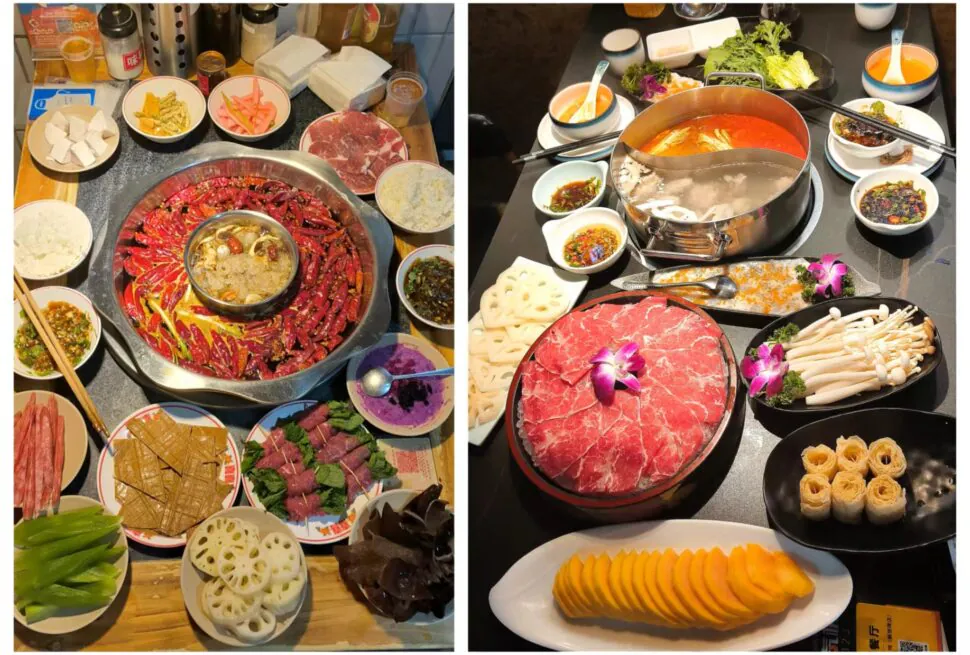 Hotpot experience, china, chinaexplorertour, Two-panel hot pot feast: left shows a spicy red broth with peppers surrounded by plates of meat, tofu, and vegetables; right shows a divided pot with meats, mushrooms, greens, and dipping sauces.