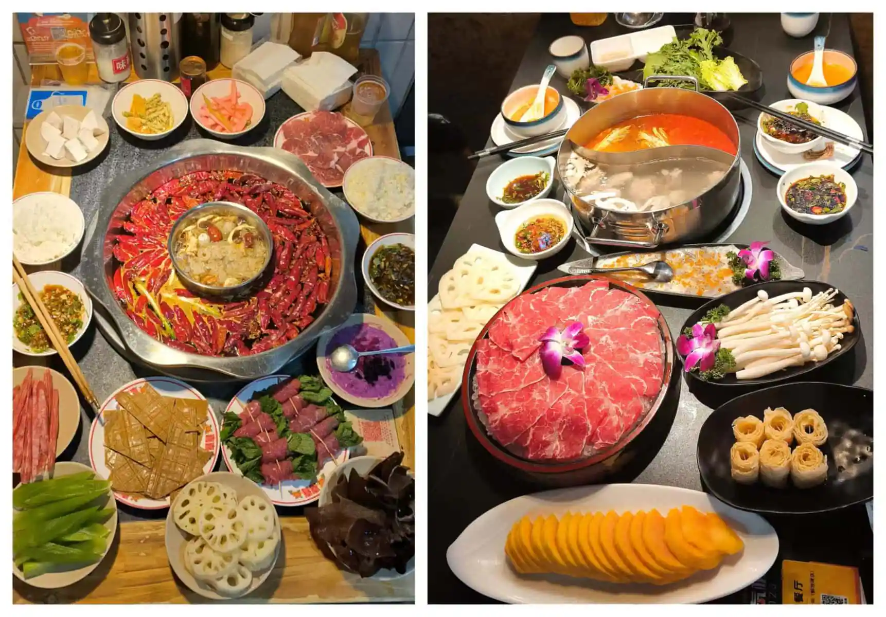 Hotpot experience, china, chinaexplorertour, Two-panel hot pot feast: left shows a spicy red broth with peppers surrounded by plates of meat, tofu, and vegetables; right shows a divided pot with meats, mushrooms, greens, and dipping sauces.