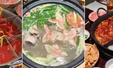 Hotpot Broth, Hotpot Cooking Time Guide, Hotpot experience, sichuan, china, chinaexplorertour, Triptych of hot pot meals: left is red spicy broth with chilies, middle is clear broth with dumplings and greens, right is split pot with spicy and milky broths and side dishes
