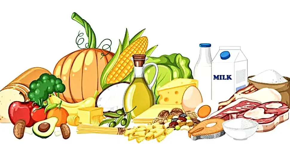 Assorted groceries including vegetables, fruits, dairy, meats, bread and a bottle of oil on a white background, showing a pantry spread.