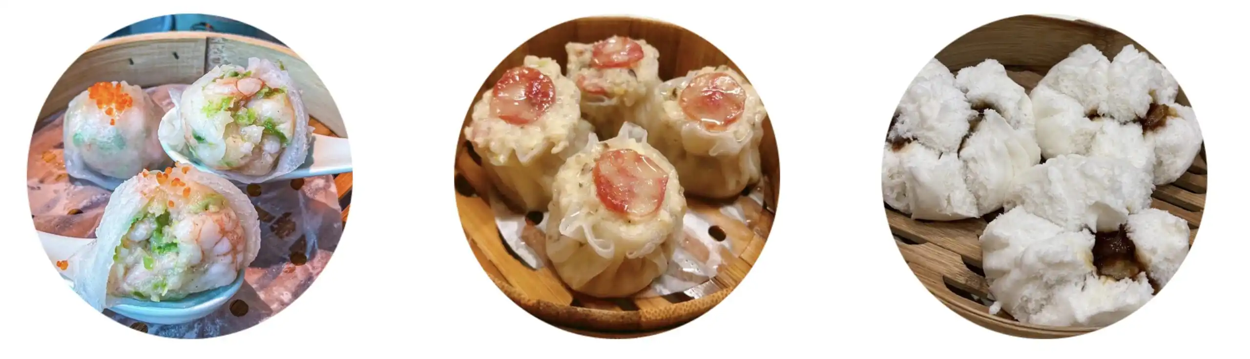 Har Gow (Shrimp Dumplings), Siu Mai (Pork Dumplings), Char Siu Bao (Barbecue Pork Buns)