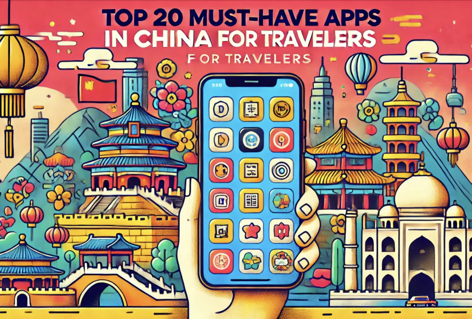 Hand holding a blue smartphone with colorful app icons against a vibrant cityscape of Chinese temples, lanterns, and mountains in the background.