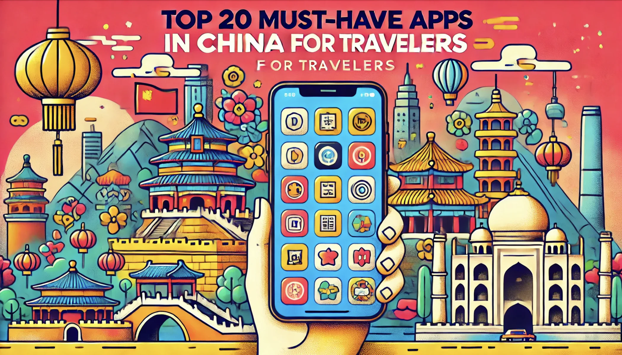 Apps in China for Travelers, chinatravel, Hand holding a blue smartphone with colorful app icons against a vibrant cityscape of Chinese temples, lanterns, and mountains in the background.