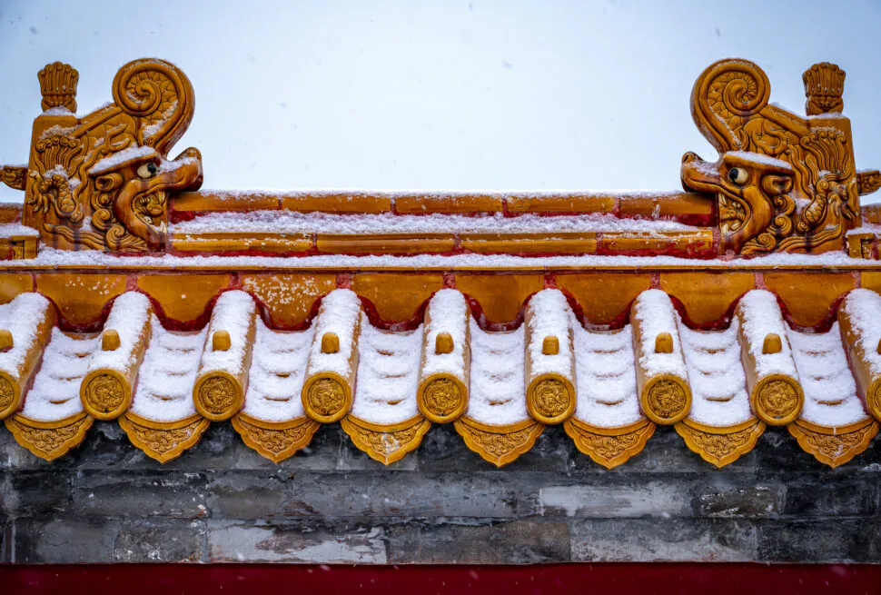 the forbidden city, snow view, beijing, chinatravel, Orange ceramic roof tiles with ornate dragon-head finials, lightly dusted with snow against a pale sky.