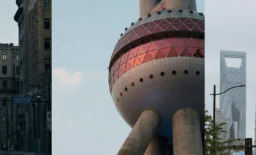 shanghai, china, china tour, Triptych of Shanghai scenes: a street view with the distant Oriental Pearl Tower, the red-sphere tower center, and a futuristic skyline on the right.