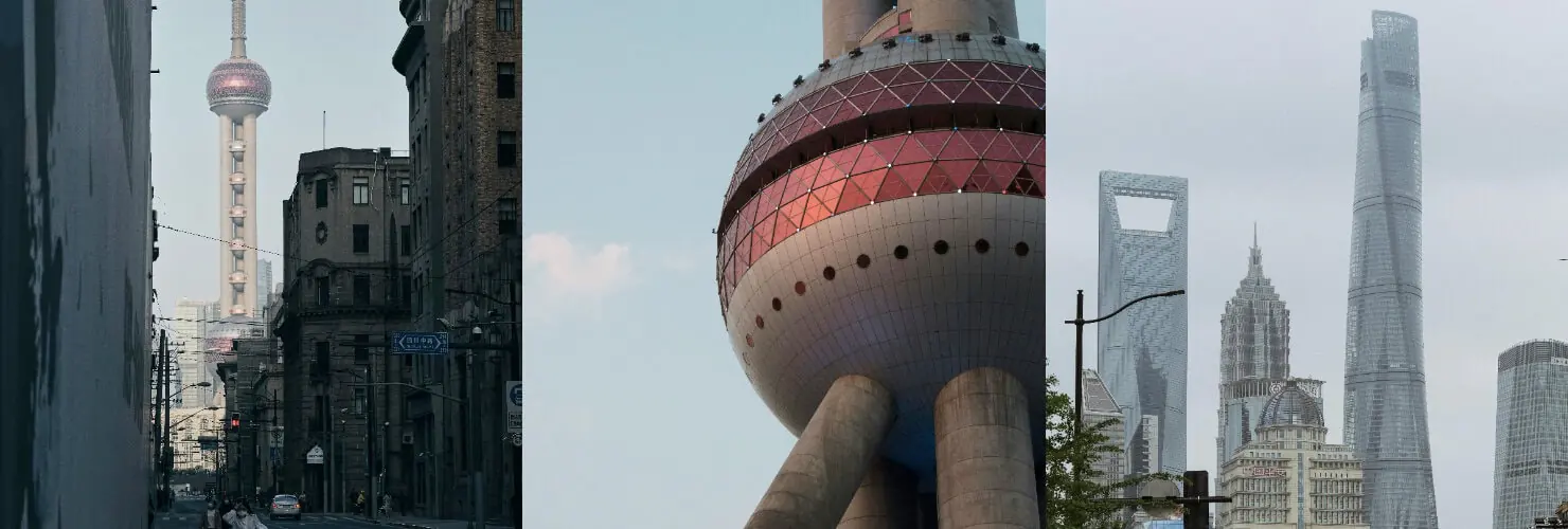 shanghai, china, china tour, Triptych of Shanghai scenes: a street view with the distant Oriental Pearl Tower, the red-sphere tower center, and a futuristic skyline on the right.