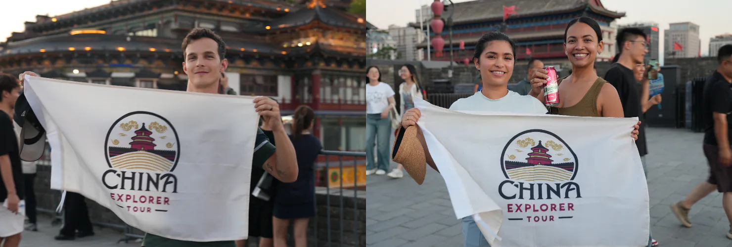xi'an, china, china tour, Two tourists hold a 'China Explorer Tour' banner in front of a Chinese temple and urban backdrop, split across left and right panels.