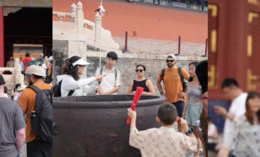 the forbidden city, beijing, china, china tour, Tourists at a temple complex, standing near a large bronze cauldron as a guide explains something.