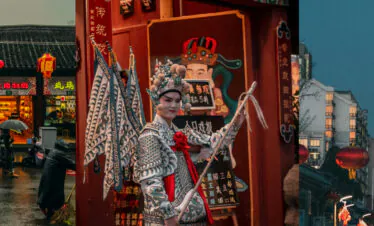 beijing opera, beijing, china, china tour, Triptych: left a rainy market street with red lanterns and shoppers, center a Peking opera performer in an ornate silver costume, right a modern city skyline with red lanterns at dusk