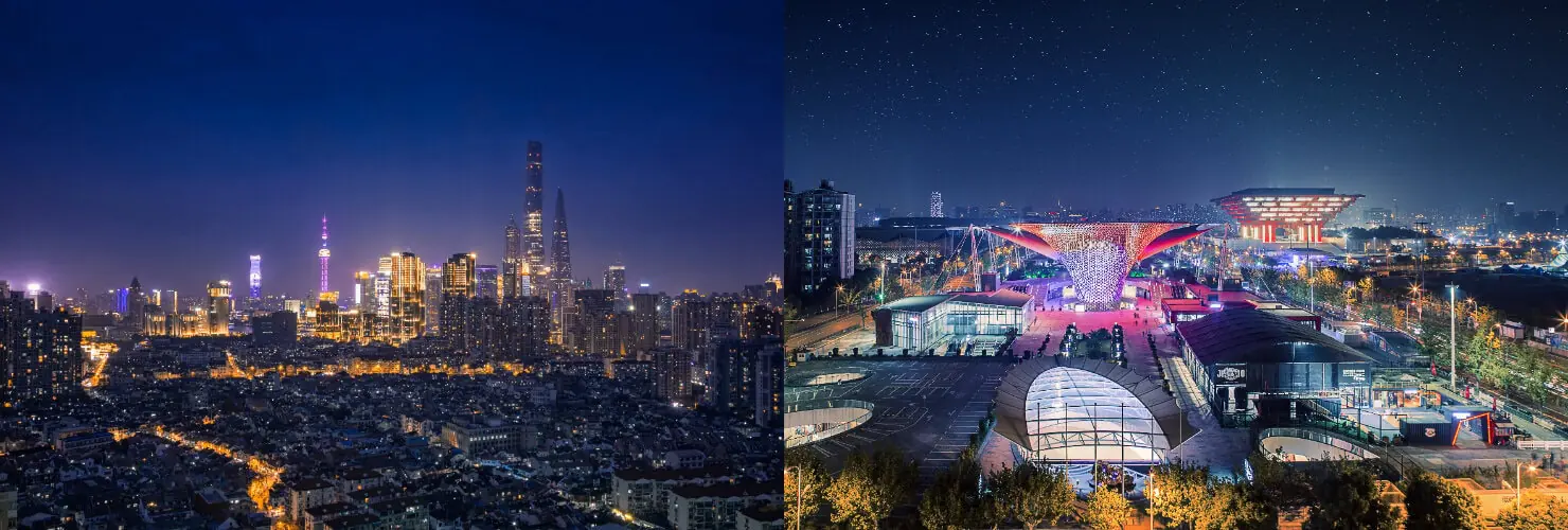 shanghai, china, china tour, Split view: left, illuminated night skyline with tall skyscrapers; right, futuristic city plaza with colorful lights.