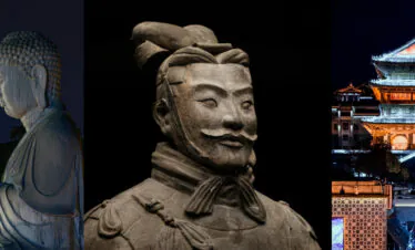 Nighttime collage of East Asian landmarks: a stone Buddha statue beside a lit pagoda, a terracotta warrior in the center, and a lantern-lit street with a traditional gate on the right.