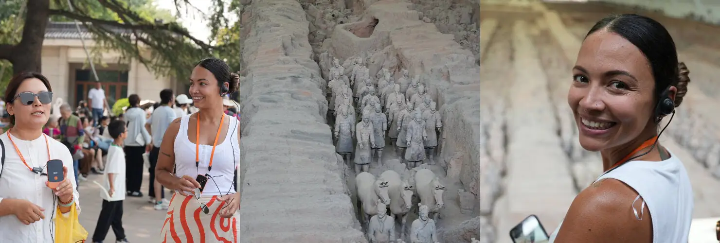 Terra Cotta Warriors, xi'an, china, china tour, Two tour guides with headsets talk to visitors outdoors, with a crowd in the background.