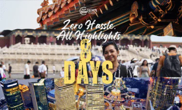 china trip tailor made, chinatravel, Tour banner for a China Explorer tour with the slogan 'Zero Hassle All Highlights' over a smiling woman and a busy landmark/cityscape backdrop