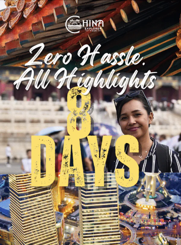china trip tailor made, chinatravel, Tour banner for a China Explorer tour with the slogan 'Zero Hassle All Highlights' over a smiling woman and a busy landmark/cityscape backdrop