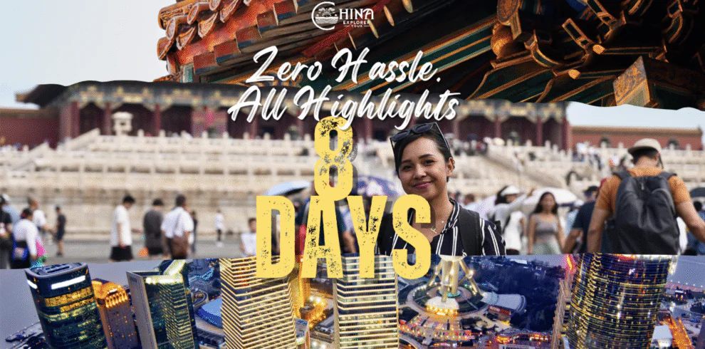 china trip tailor made, chinatravel, Tour banner for a China Explorer tour with the slogan 'Zero Hassle All Highlights' over a smiling woman and a busy landmark/cityscape backdrop