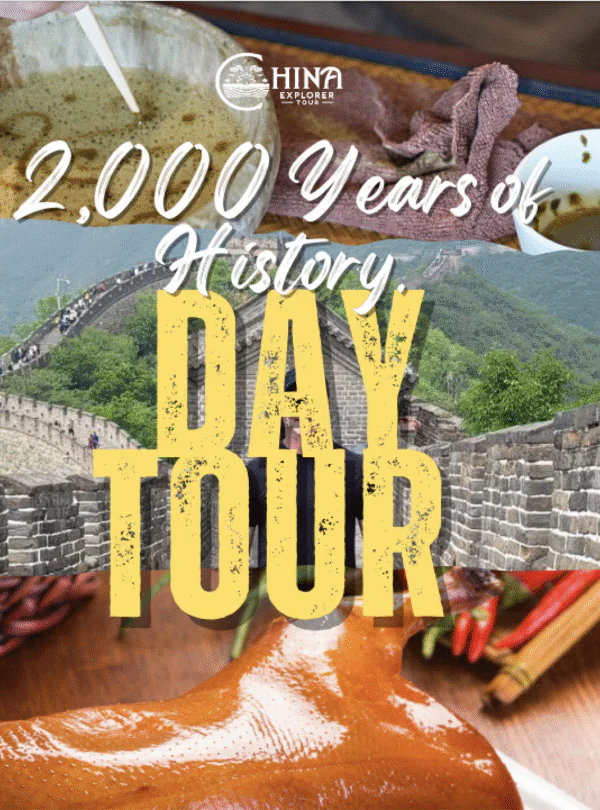 china trip tailor made, china travel, Promotional banner for a China Explorer Tour: '2,000 Years of History' over the Great Wall with food imagery.