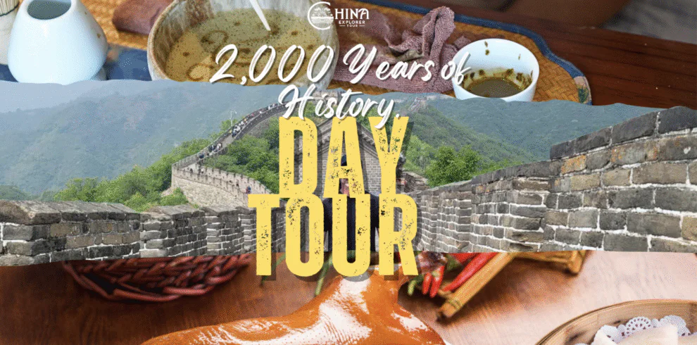 china trip tailor made, china travel, Promotional banner for a China Explorer Tour: '2,000 Years of History' over the Great Wall with food imagery.