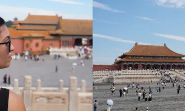 the forbidden city, beijing, china, china tour, Side-by-side: a woman with sunglasses and a bun looks toward Beijing's Forbidden City, red walls in the background on the left. On the right, the Forbidden City's central hall with stairs and crowds under a blue sky.