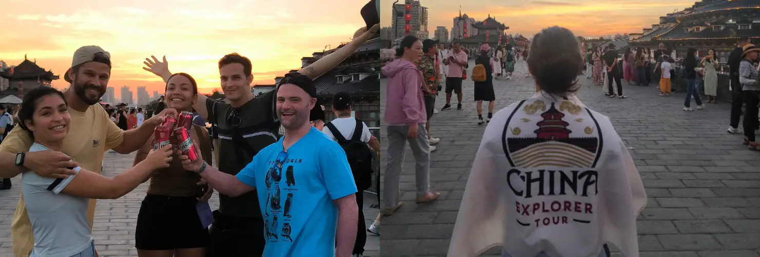great wall, beijing, china, china tour, Group of friends celebrating with drinks at sunset on a historic Chinese plaza in a crowd-filled scene.