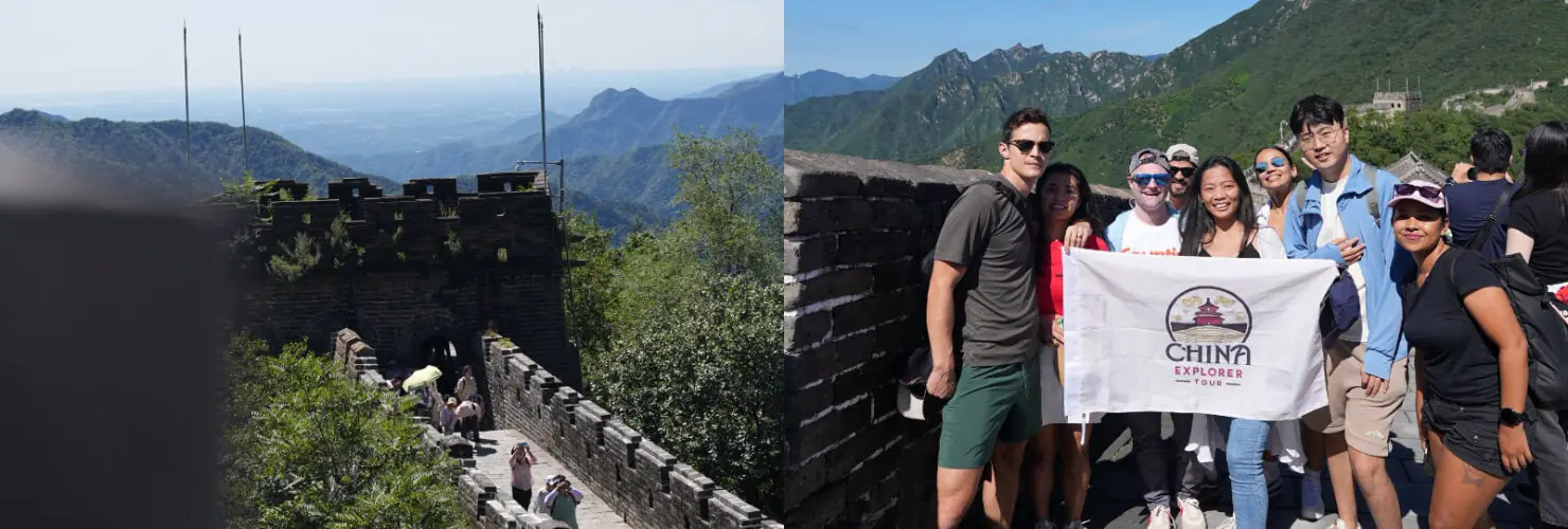 great wall, beijing, china, china tour, Split image: left shows the Great Wall extending into green mountains; right shows a diverse group of tourists posing with a 'China Explorer Tour' banner.